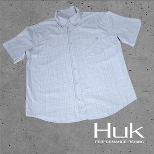Huk Men’s‎ S/s Cross Dye Teaser Shirt Air Hole Vented Back Blue Check Plaid L